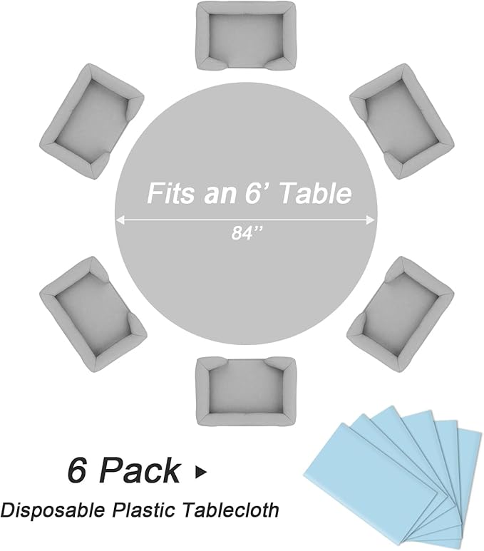 QIKSION Light Blue Round Tablecloth 6 Pack, 84 Inch Plastic Table Cover Disposable for Parties