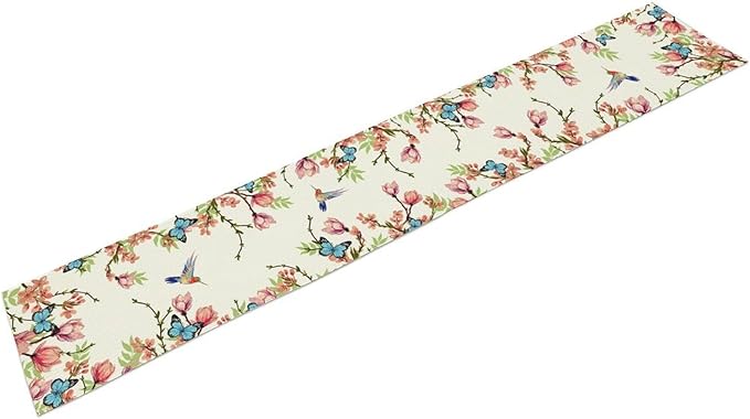 Floral Butterfly Table Runner Seasonal Spring Flower Bird Table Decoration Table Runner for Home Party Decoration 13x90 Inch