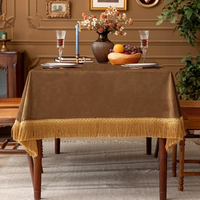F-CHU Luxury Camel Tablecloth Thickset Velvet Tablecloth with Beautiful Gold Tassels Vintage Table Cloth for Home Decor Wedding, Party, Banquet and Events 60x60-Inch