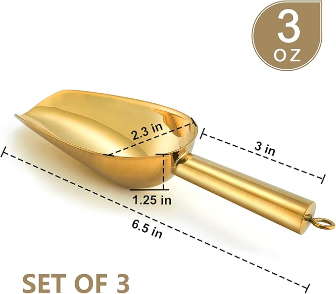 P&P CHEF Canister Scoop Set of 3, Ice Candy Scoop, Stainless Steel Multipurpose Food Scooper for Buffet Jar Freezer, Mirror Finish & Dishwasher Safe, Gold, 3+3+3 Oz