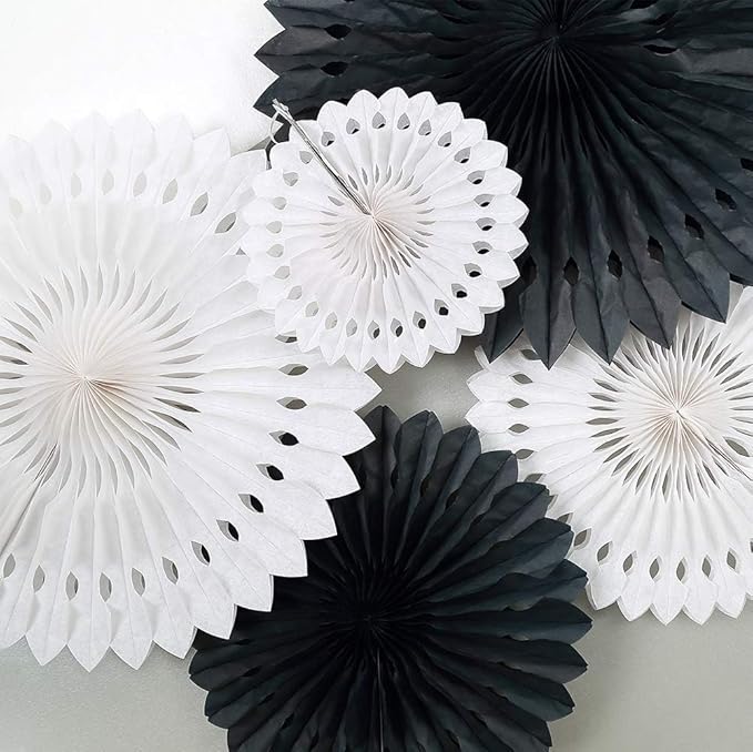 Cheerland Black White Party Decorations Hanging Paper Fans Garland Kit Gothic Decor Wedding Decoration Halloween Birthday Backdrop Baby Shower Goth Casino Emo Spooky Haunted House Party Supplies