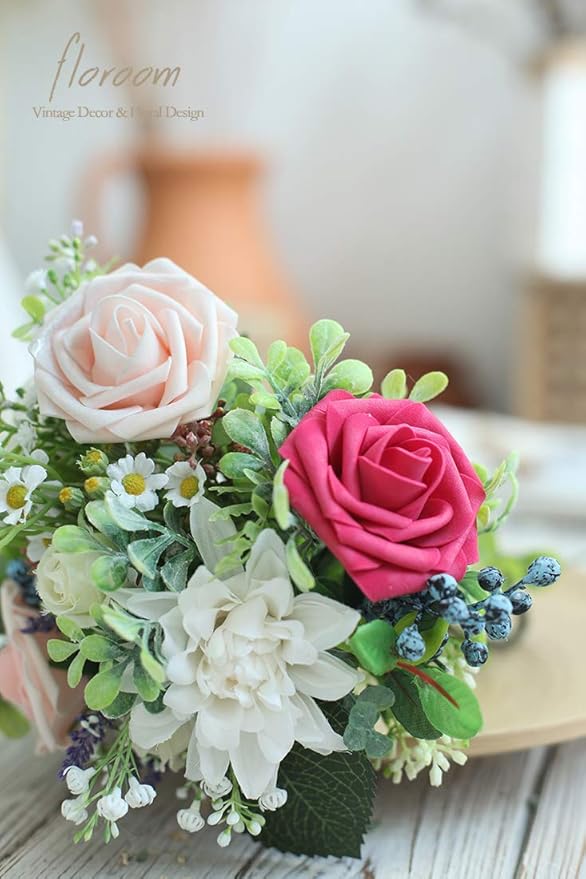 Floroom Artificial Flowers 50pcs Real Looking Fuchsia Foam Fake Roses with Stems for DIY Wedding Bouquets Bridal Shower Centerpieces Floral Arrangements Party Tables Home Decorations