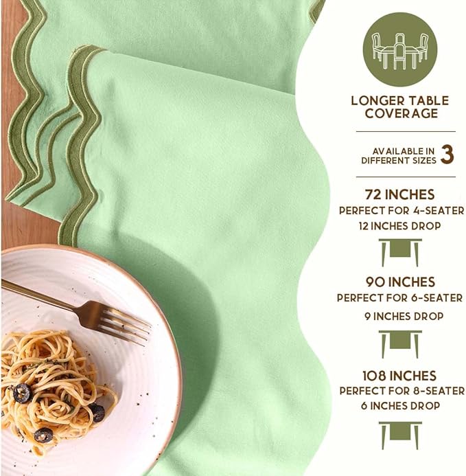 Folkulture Table Runner | Table Runners 90 inches Long | Scallop Table Runner for Farmhouse Decor or Boho Decor | Sage Green Table Runners for Dining Room Table Decor | Pastel Party Decorations