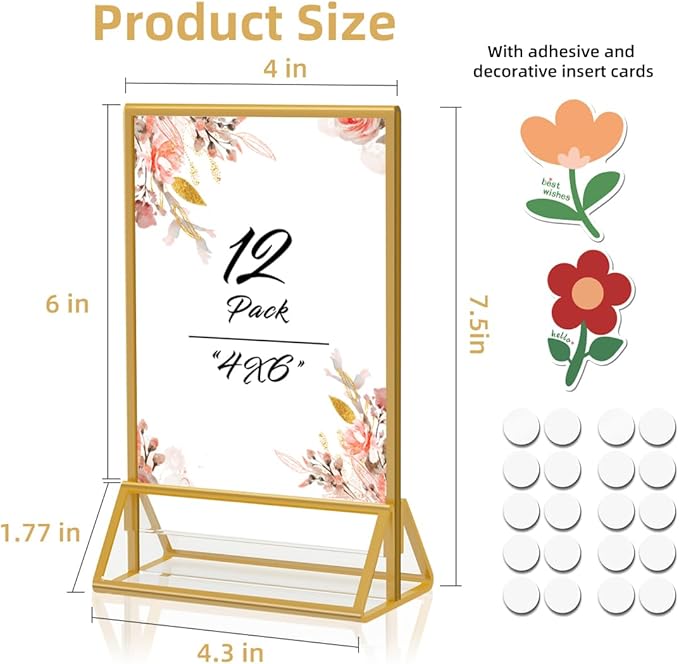 Gold Frames 4x6 Acrylic Sign Holder Double Sided Picture Frames for Wedding Table Number Menu Flyer Display for Office Home Party- Pack of 12