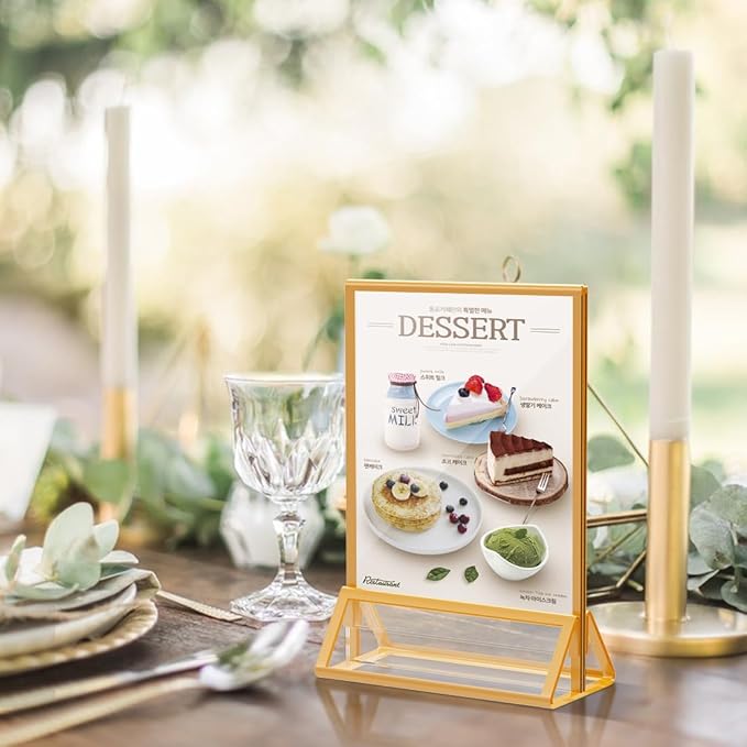 Gold Picture Frame 4X6 Acrylic Sign Holder Double Sided Clear Acrylic Frames Display Stand, Plastic Sign Holder for Wedding Table Numbers Menu Holder (6 Pack)