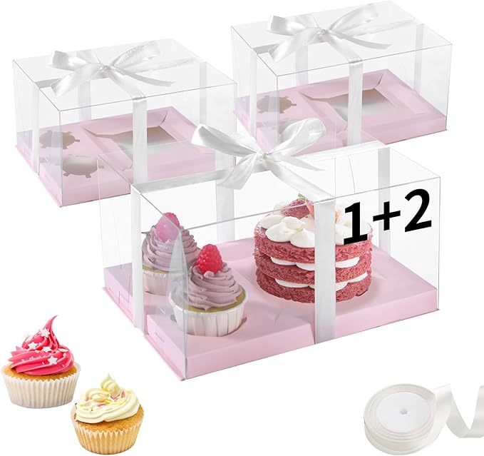 3Pcs Pink Bento Cake Cupcake Combo Boxes Valentine's Day 1+2 Bento Box with Clear Lid 2 Holes Pastry Sweets Cake Cupcake Combo Box Baking Supplies for Valentine Wedding Birthday Party(Pink 1+2/3Pcs)