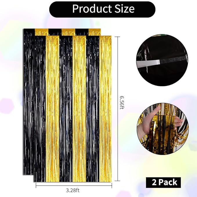 BEISHIDA 2Pcs Black Gold Door Streamers Congrats Grade 2025 Decoration Backdrop Foil Fringe Tinsel Party Streamers Curtains Backdrops Birthday Graduation New Year Party Decoations(3.28 ft x 6.56 ft)