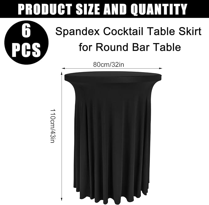 6 Pack Round Cocktail Tablecloth 32"x 43" Spandex Cocktail Table Skirt, Washable Stretch Fitted Table Covers for High Top Bar,Wedding,Party,Events (Black)