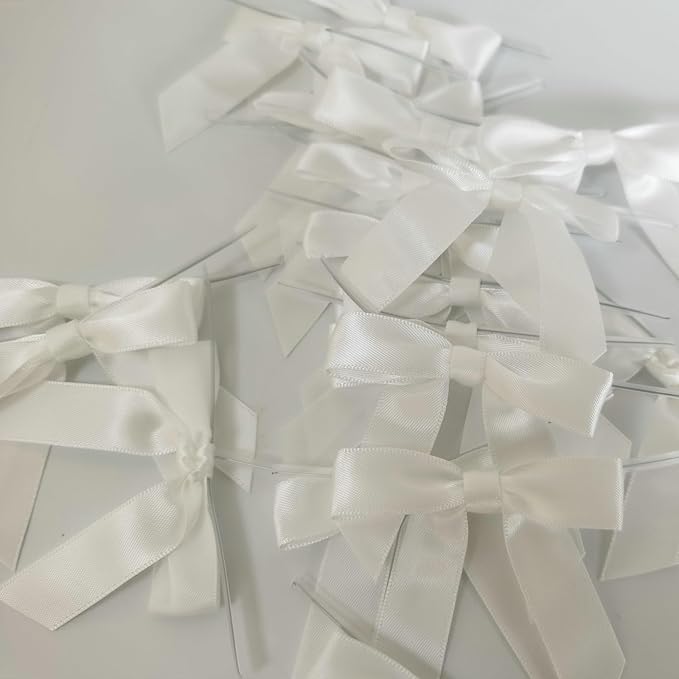 50pcs 2-1/2" White Satin Ribbon Bows with Twist Ties for Wedding Box Gift Wrapping Packing Christmas Decoration (White)