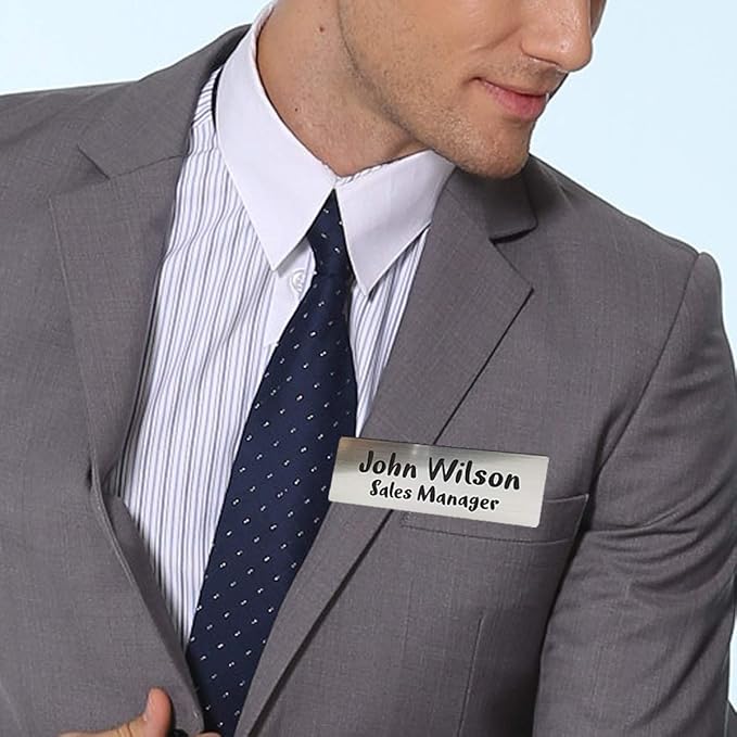 SINYUDUN Custom Engraved Name Tag Badges, Personalized Identification with Pin, Magnetic, Adhesive, or Blank Backing, 1.5"x3", Silver Text