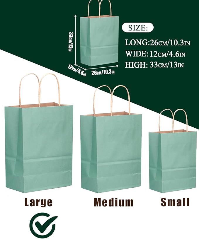 qiqee 100PCS Gift Bag with Handles Bulk Kraft Light Blue Paper Bags Multiple Uses (13''x5 x10 inch Large Size)