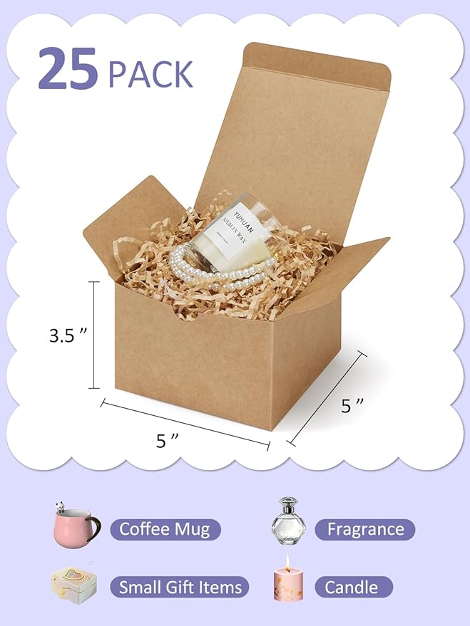 Eupako Brown Gift Boxes 5x5x3.5 25 Pack Kraft Paper Gift Boxes with Lids for Gifts, Crafting, Wedding, Birthday, Party, Cupcake