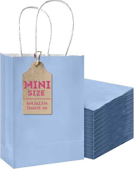 qiqee 50-Packs Light Blue Paper Gift Bags with Handles Bulk 4.5"x2.5"x6" Mini Size Party Favor Bags Multiple Uses