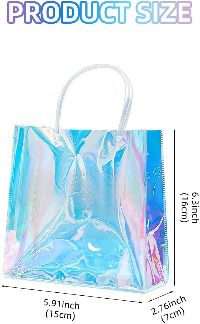 Vankcp 16 PCS Mini Party Favor Bags, 5.9×6.3inch Clear PVC Gift Bags with Handles, Iridescent Clear Bags, Holographic Gifts Bag for Birthday Weddings Party Favors Gifts