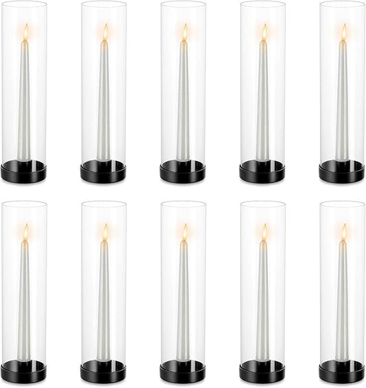 NUPTIO Black Taper Candle Holders: 10 Pcs Bulk 11.81 inch Tall Hurricane Glass Candlestick Tapered Holder Windproof Modern Clear Candles Stand for Outdoor & Indoor Wedding Party Holiday Centerpiece