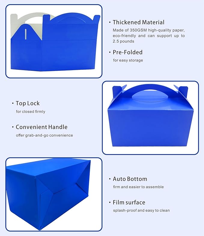 TIMESEEK 30-Pack Royal Blue Gable Treat Boxes with Handles - 6" Pop-Up Party Favor Gift Boxes for Birthday, Wedding, Baby Shower, Eco-Friendly Candy, Cookie, Goodie Bags for Kids, Bachelorette Decor