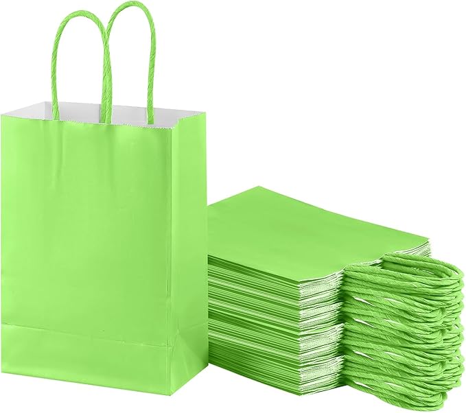 piqiya Small Plain Natural Paper Kraft Gift Bags with Handles Green Paper Bags for Saint Patrick's Day Birthday Party Grocery Retail Business Goody Craft Bags (Green，24pcs)