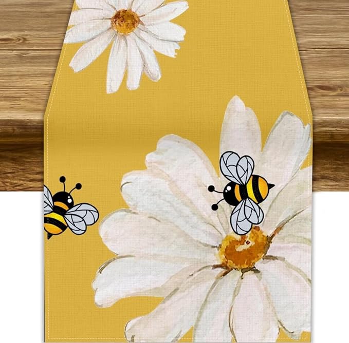 Daisy Flower Table Runner, Summer Spring Seasonal Watercolor Wildflower Yellow Bee Print Table Cover for Home Party Decor Kitchen Dining Table, 13x36inch