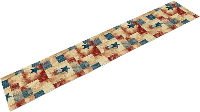 4th of July Table Runner, Rustic Vintage Country Red White Blue American Stars Independence Day Print Table Cover for Farmhouse Kitchen Dining Table Decor, 13x120inch