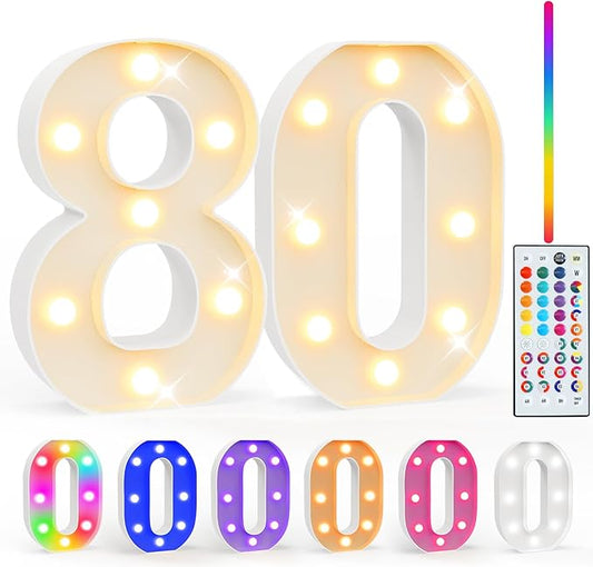 Pooqla 80th Birthday Decoration fors Her Him, 35 Colors LED Light Up Numbers with Remote, Multicolor Marquee Numbers 80 Sign for Party Backdrop 80th Birthday Gift, Lighted Number 80