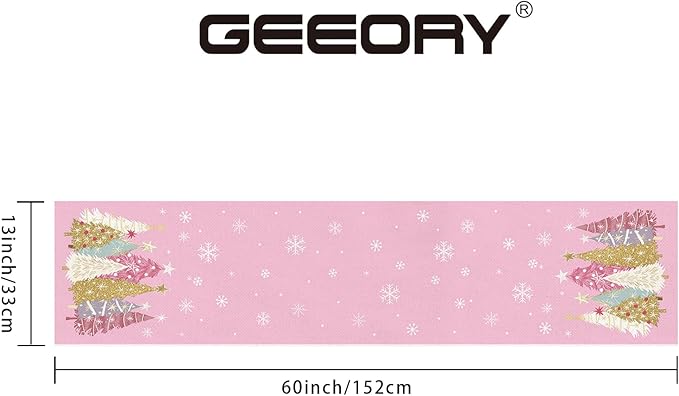 GEEORY Christmas Table Runner 13x60 Inch, Xmas Trees Snowflakes Holiday Decorative Farmhouse Table Decoration for Kitchen Dinning, Indoor Outdoor Dinner Party Decor (Pink) GT153-60