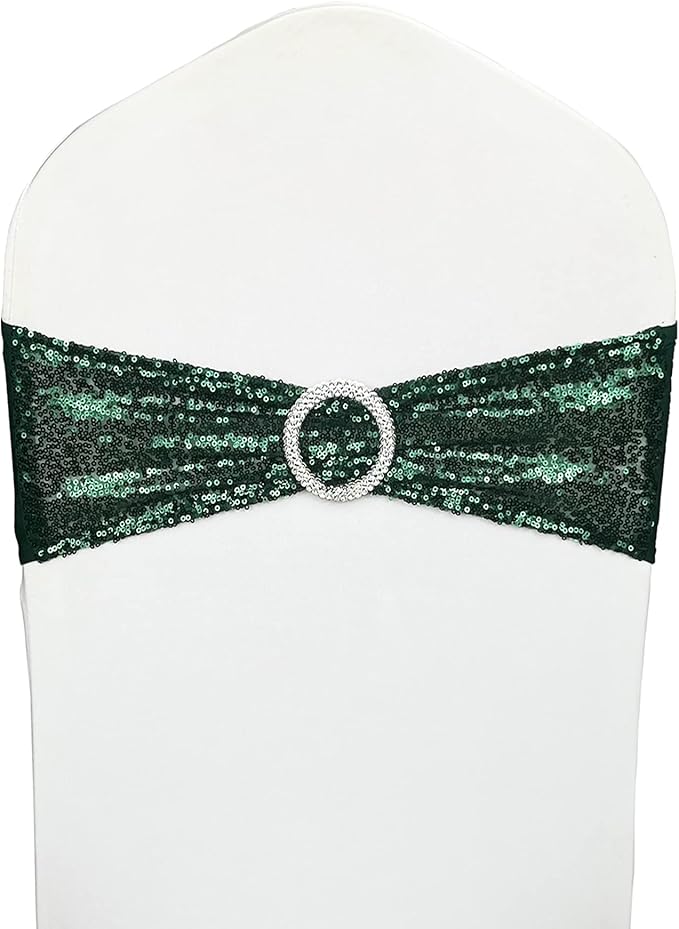 100 Pcs Chair Sashes Sequin Stretch Chair Bands Dark Green Spandex Polyester Bows for Party Hotel Wedding Banquets Decoration - Hunter Emerald Green