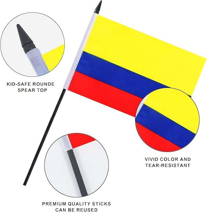 Colombian Desk Flag 12" Solid Pole Deluxe Set Colombiana Flags Banner Mini Small Colombian Office Table Flags with Black Stand Base Desktop Decorations(2Pack)