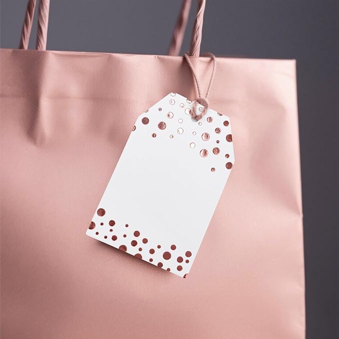 100Pcs Rose Gold Gift Tags with String Attached, ASYEHJNR Foil Rose Gold Dot Large Gift Bag Tags Presents with 65 FT Jute Twine, White Paper Gift Tags for Baby Shower, Wedding, Birthday Gift Wrap Tags