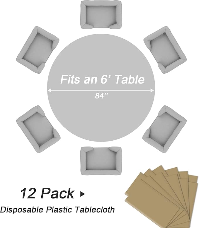 QIKSION Gold Round Tablecloth 12 Pack, 84 Inch Plastic Table Cover Disposable for Parties