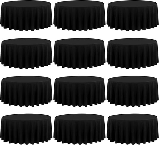 12 Pack 120 Inch Round Tablecloth, Black Polyester Fabric Table Cloth for Round Table, Washable Tablecover for Wedding Party Dining Buffet Banquet Restaurant and Camping