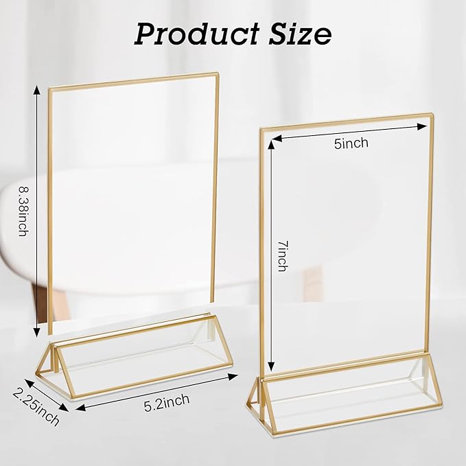 16 Pieces Gold Rimmed Clear Acrylic Table Sign Holders, Double Sided Frame with Gold Border and Vertical Stand for Wedding Table Number, Restaurant Sign, Photo Display, Menu Holder (5 x 7 Inch)