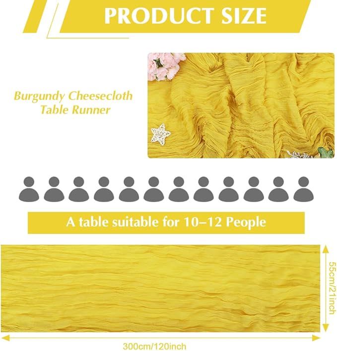 Yellow Cheesecloth Table Runner -21*120Inch Long Boho Wedding Table Decor, Rustic Gauze Fabric Runner for Bridal Showers, Baby Showers & Parties (Sheer, Lightweight, Wrinkled Design)
