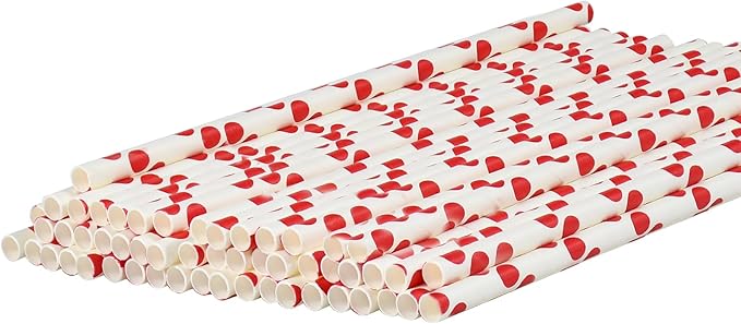 7.75'' x 0.24'' Red Polka Dots Disposable Paper Straws for Drinking, Compostable, 100 Counts - for Cocktail, Soda, Juice, Milk, Water