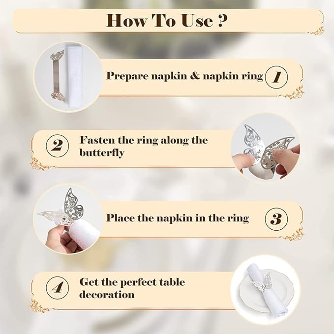 150 Pcs Napkin Rings Laser Cut Butterfly Shape Foil Paper Napkin Holder for Weddings Party Serviette Table Decoration Restaurant (Silver)