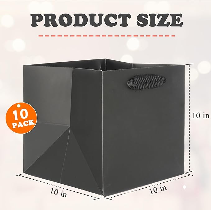 ADIDO EVA Black Square Gift Bags Medium Size Square Bottom Paper Bags with Handles for Party Favor, Shopping Bag (10x10x10 In, 10 CT)
