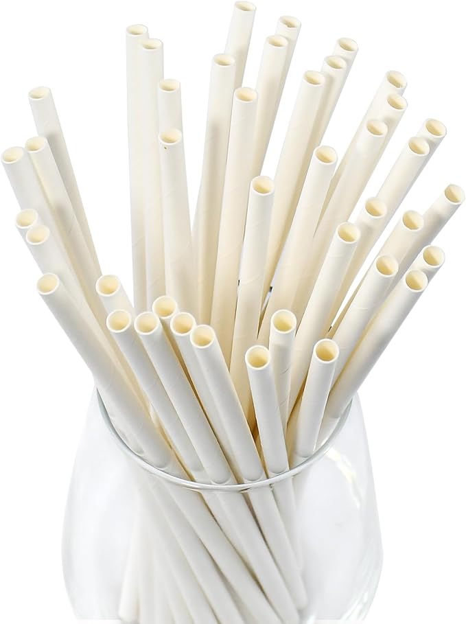7.75 inch Disposable Paper Drinking Straws, Dye-free White, for Cocktails, Juice, Beverage, Coffee - 100 Counts