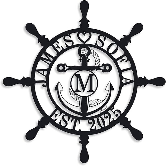 Personalized Ship Wheel Metal Sign, Customized Nautical Wall Decor, Anchor Compass Metal Sign, Family Name Sign, Monogram Wall Decor, Last Name Signs for Home, Housewarming Gift