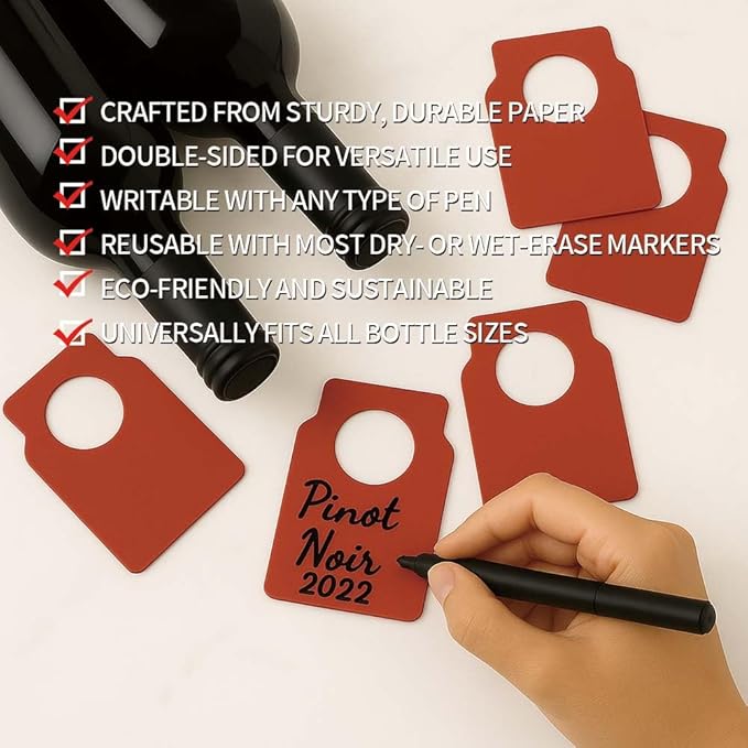 100 PCS Wine Bottle Tags –Paper Hanging Cellar Labels for Bottle Neck, Double-Sided Writable Gift Tags for Wine Racks, Champagne & Homebrew Organization (Red)
