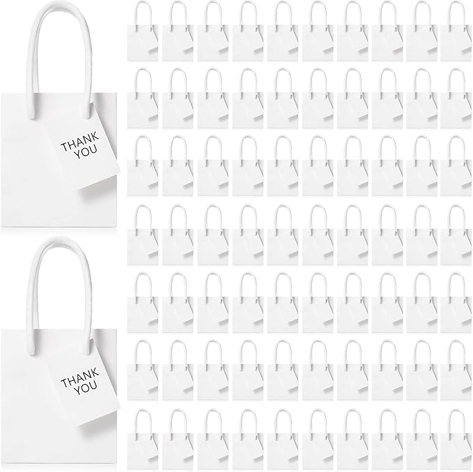 Sherr 100 Pack Mini Gift Bags Bulk, 4 x 2.75 x 4.5 Inches Paper Bags with Tags, Extra Small Paper Gift Boxes with Handles for Birthday, Party Favors, Weddings, Small Business(White)