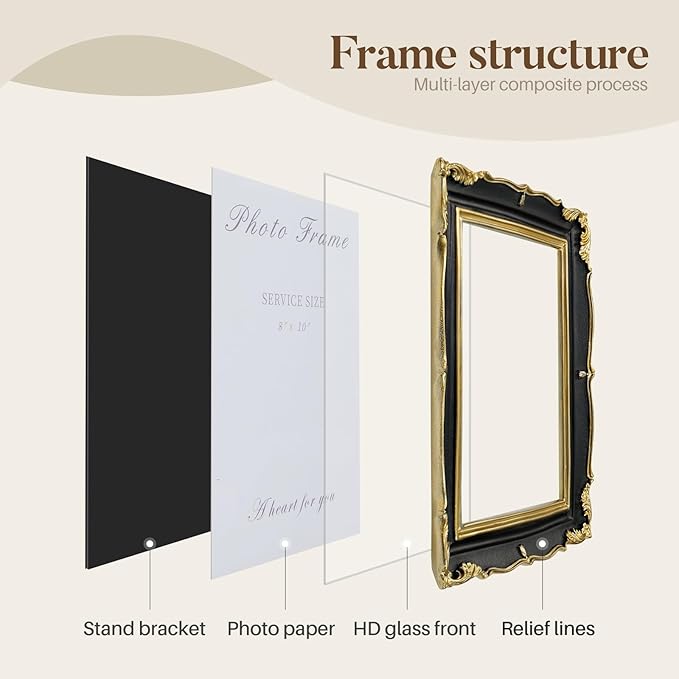 8x10 Black and Gold Picture Frame Vintage Frame, Ornate Textured Hand-Crafted Resin Photo Frames with Glass Front, 8 by 10 Decorative Picture Frame for Wall & Tabletop, Antique Frame Home Decor