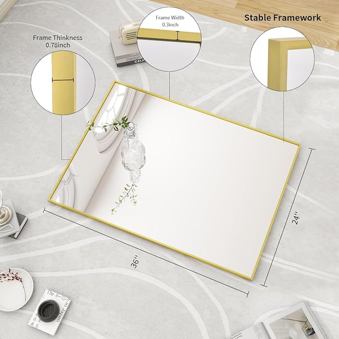 BEAUTYPEAK Gold Bathroom Wall Mirror - 24" x 36" Rectangular Mirror with Metal Frame, Hangs Horizontal or Vertical for Living Room Bedroom Bathroom Entryway