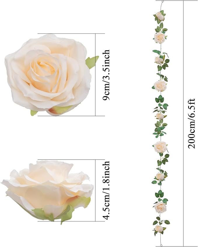 U'Artlines 3 Pack Artificial Champagne Rose Vines Floral Garlands Total 19.5 Ft Fake Vine Silk Flower Garland for Indoor Outdoor Home Wedding Arch Garden Wall Decoration