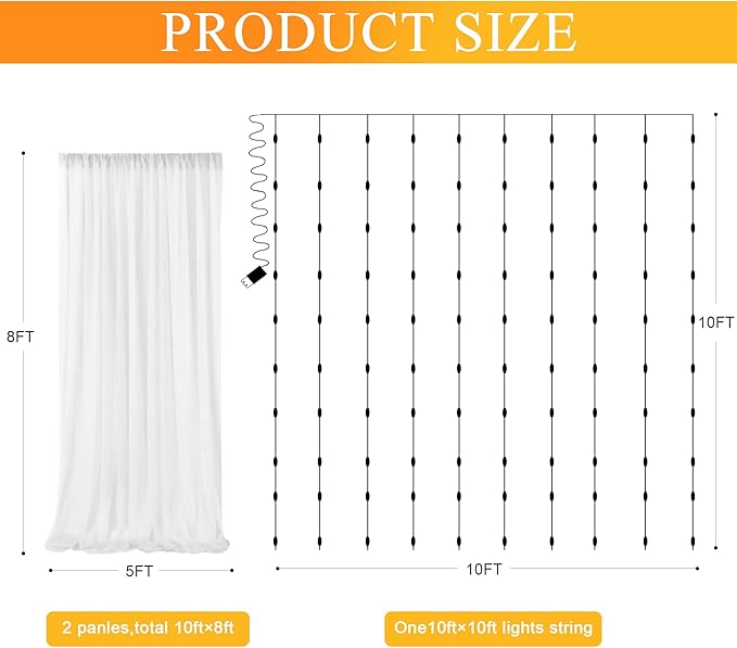 Fomcet Ivory Tulle Backdrop Curtains with Lights String 10FT X 8FT Sheer Curtain with Lights Tulle Curtains Backdrop for Wedding Birthday Party Baby Shower Photo Shoot (2 Panels 5x8FT)