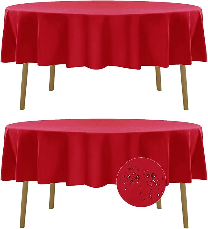 Fokitut 2 Pack Waterproof Round Tablecloth, 60 Inch, Stain Resistant and Wrinkle Polyester Table Cloth, Fabric Table Cover for Kitchen Dining, Wedding, Party, Holiday Dinner-Red