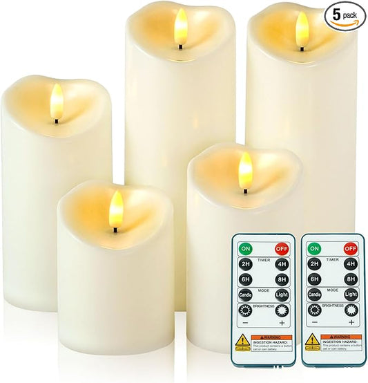Amagic Waterproof Outdoor Flameless Candles with Remote, LED Candles Battery Operated with Timer, Flickering Fake Pillar Candle for Outside Patio Yard Decor, Ivory, Set of 5, D3 X H4 5" 6" 8" 8"