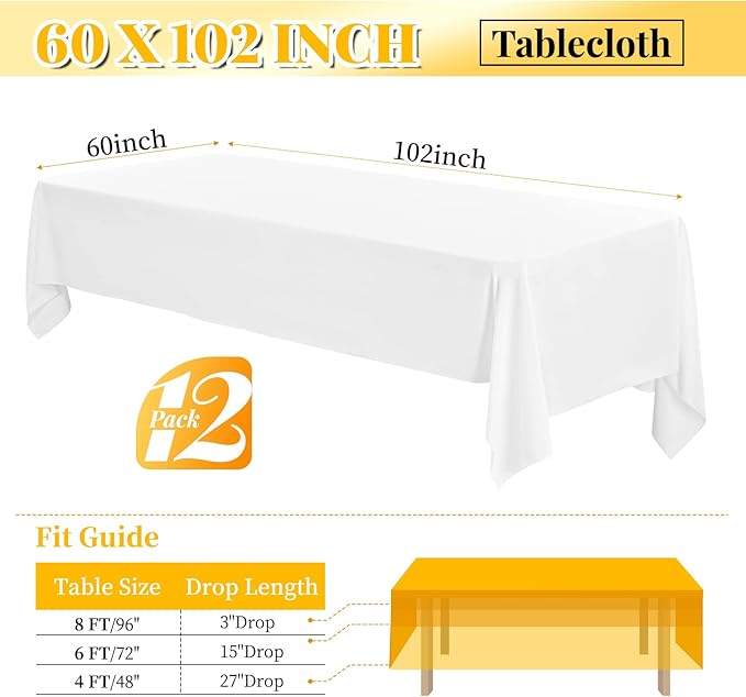 12 Pack 60 x 102 Inch Rectangle Tablecloth, White Tablecloth for 6 Feet Rectangle Tables,Polyester Tablecloth Washable Fabric Table Cloth for Wedding Dining Table Buffet Parties Camping