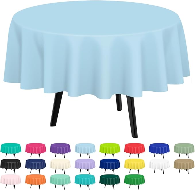 QIKSION Light Blue Round Tablecloth 12 Pack, 84 Inch Plastic Table Cover Disposable for Parties