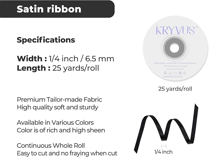 Black Satin Ribbon 1/4 inch X Continuous 25 Yards, Single Face Polyester Ribbon Perfect for Gift Wrapping, Flower Bouquet, Wedding Decor, Crafts, Bow Making, Sewing and More