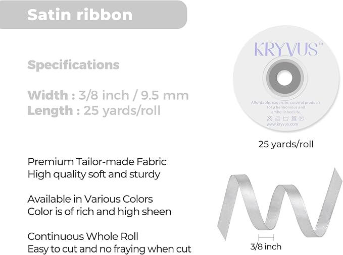 Silver Satin Ribbon 3/8 inch X Continuous 25 Yards, Single Face Polyester Ribbon Perfect for Gift Wrapping, Flower Bouquet, Wedding Decor, Crafts, Bow Making, Sewing and More