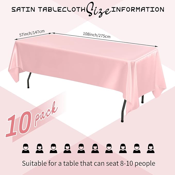 10 Packs Satin Tablecloth 57 x 108 Inch Rose Gold Rectangular Table Cloth Silk Tablecloth Smooth Fabric Overlay Satin Table Cover Decoration for Wedding Party Banquet Events